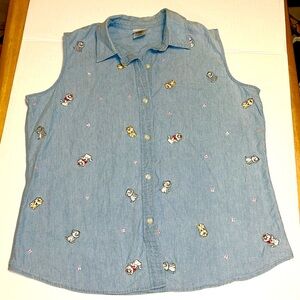 Vintage Disney Store Embroidered Aristocats Blue Button Down Shirt Sleeveless XL